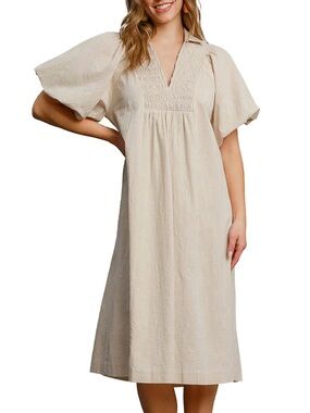 Light Beige Puff-Sleeve Midi Dress